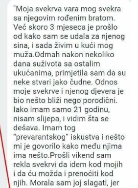 “Moja svekrva vara mog svekra sa njegovim rođenim bratom”