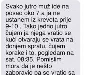 Moram priznati da moj suprug na posao odlazi oko 7 sati ujutro, dok ja inače ne ustajem iz kreveta do 9-10 sati.