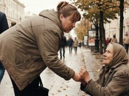 Žena je svakog dana ostavljala malo sitnine starici, ali jednog dana, dok se saginjala da joj baci novčić, starica joj je uhvatila ruku i rekla: „Učinili ste mi toliko dobra… nemojte danas ići kući.“