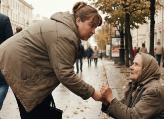 Žena je svakog dana ostavljala malo sitnine starici, ali jednog dana, dok se saginjala da joj baci novčić, starica joj je uhvatila ruku i rekla: „Učinili ste mi toliko dobra… nemojte danas ići kući.“