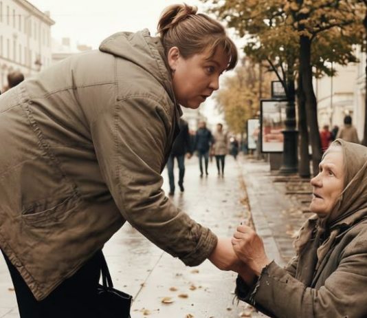 Žena je svakog dana ostavljala malo sitnine starici, ali jednog dana, dok se saginjala da joj baci novčić, starica joj je uhvatila ruku i rekla: „Učinili ste mi toliko dobra… nemojte danas ići kući.“