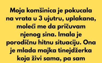 Moja komšinica je pokucala na vrata u 3 ujutru, uplakana, moleći me da pričuvam njenog sina.