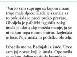 “Varao sam suprugu sa kojom imam troje djece a ona je pokusavala preci preko toga pa se razbolila…”