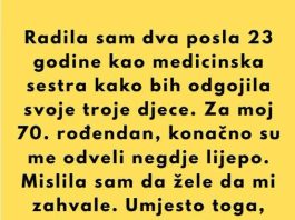 Dvadeset i tri godine radila sam dva posla kao medicinska sestra kako bih odgojila svoje troje djece. Prošle sedmice izveli su me na večeru povodom mog 70. rođendana. Rekli su: „Zaslužuješ više.“ Nasmiješila sam se.
